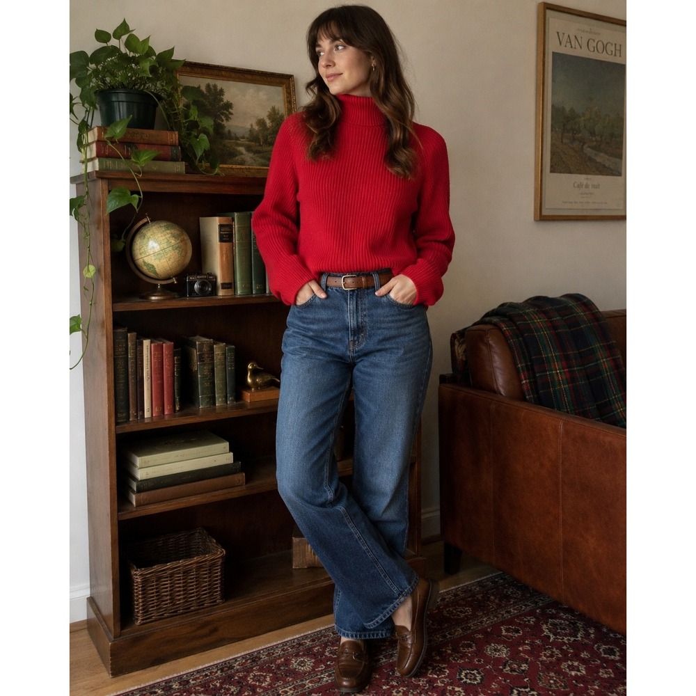 Lands' End Red Ribbed Turtleneck Sweater Women's XL Petite 18/20 Cotton Pullover